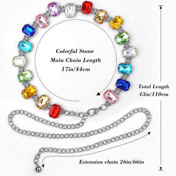 Women's Silver Square Rhinestone Waist Chain Belt Y2K Festival Chain Belt Dress - Picture 7 of 7